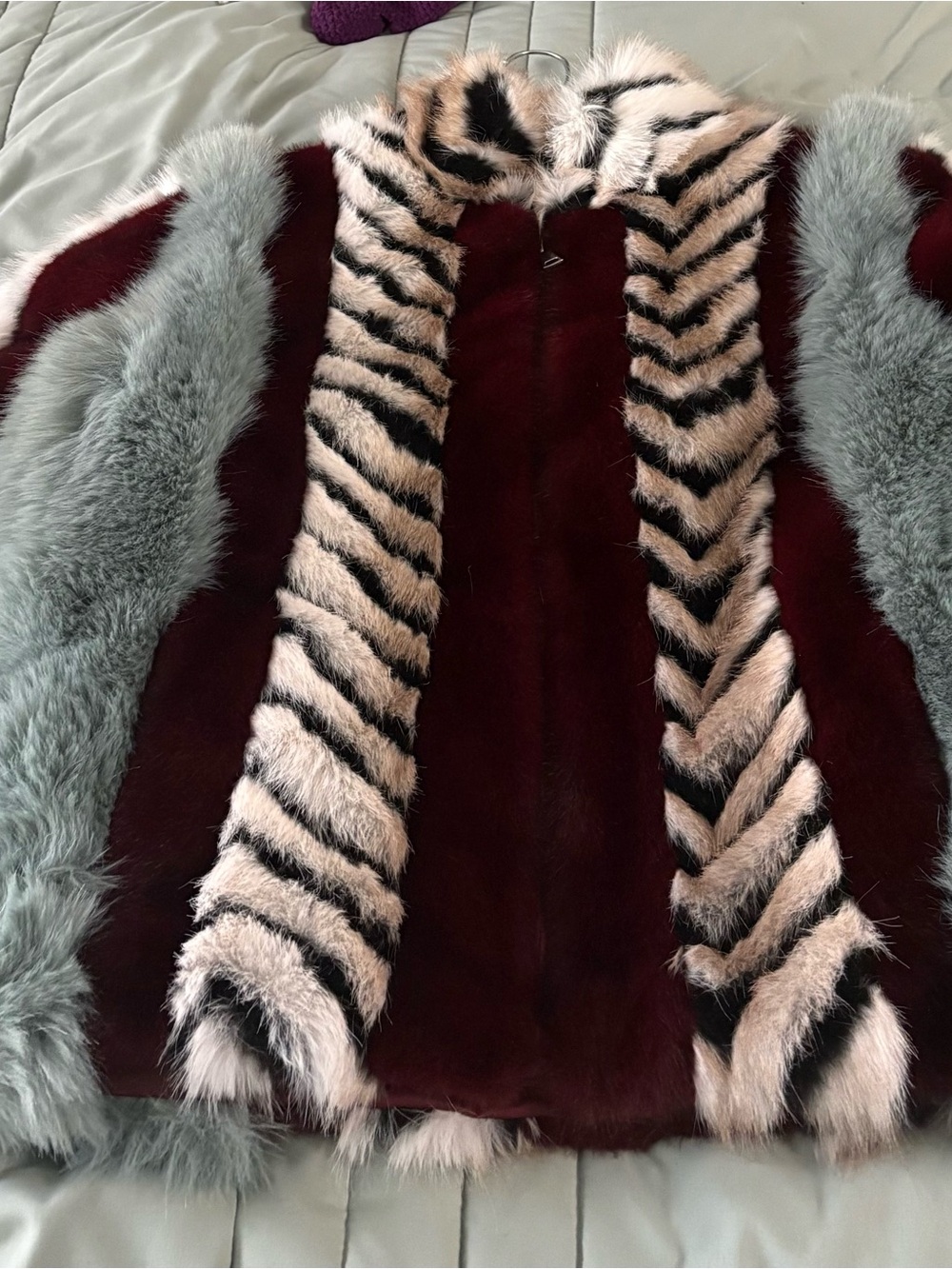 Women's Burgundy Teddy Jacket with Gray Fur Trim